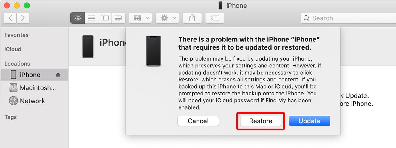 How to Reset iPhone Without a Passcode from Finder through Recovery Mode