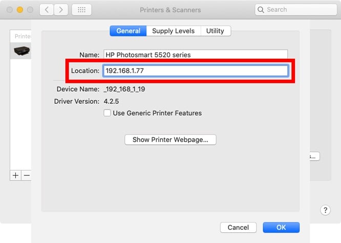 mac fix ip address for printer